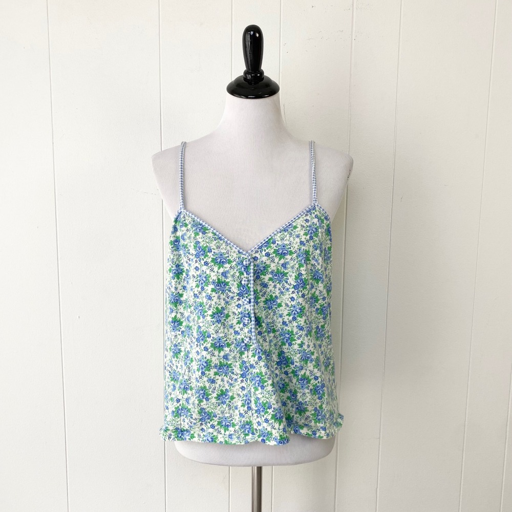 Victoria's Secret Floral Gingham Cotton Camisole Top Blue Green Large Sleepwear